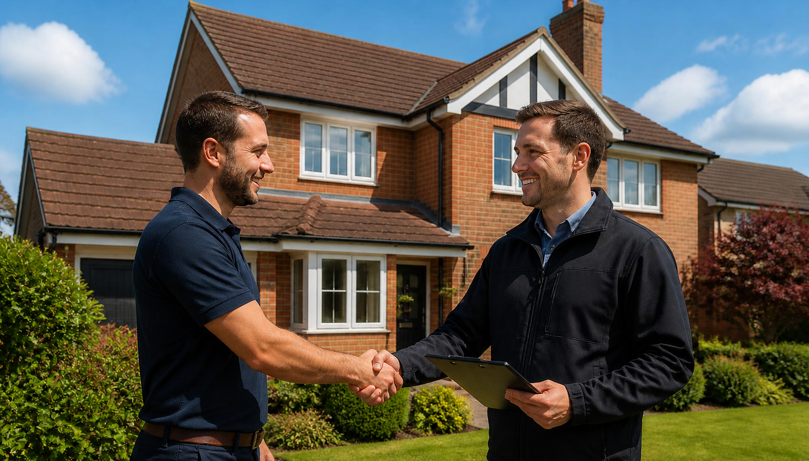 Roofing surveyor shaking hands with a homeowner outside a red-brick British house on a sunny day