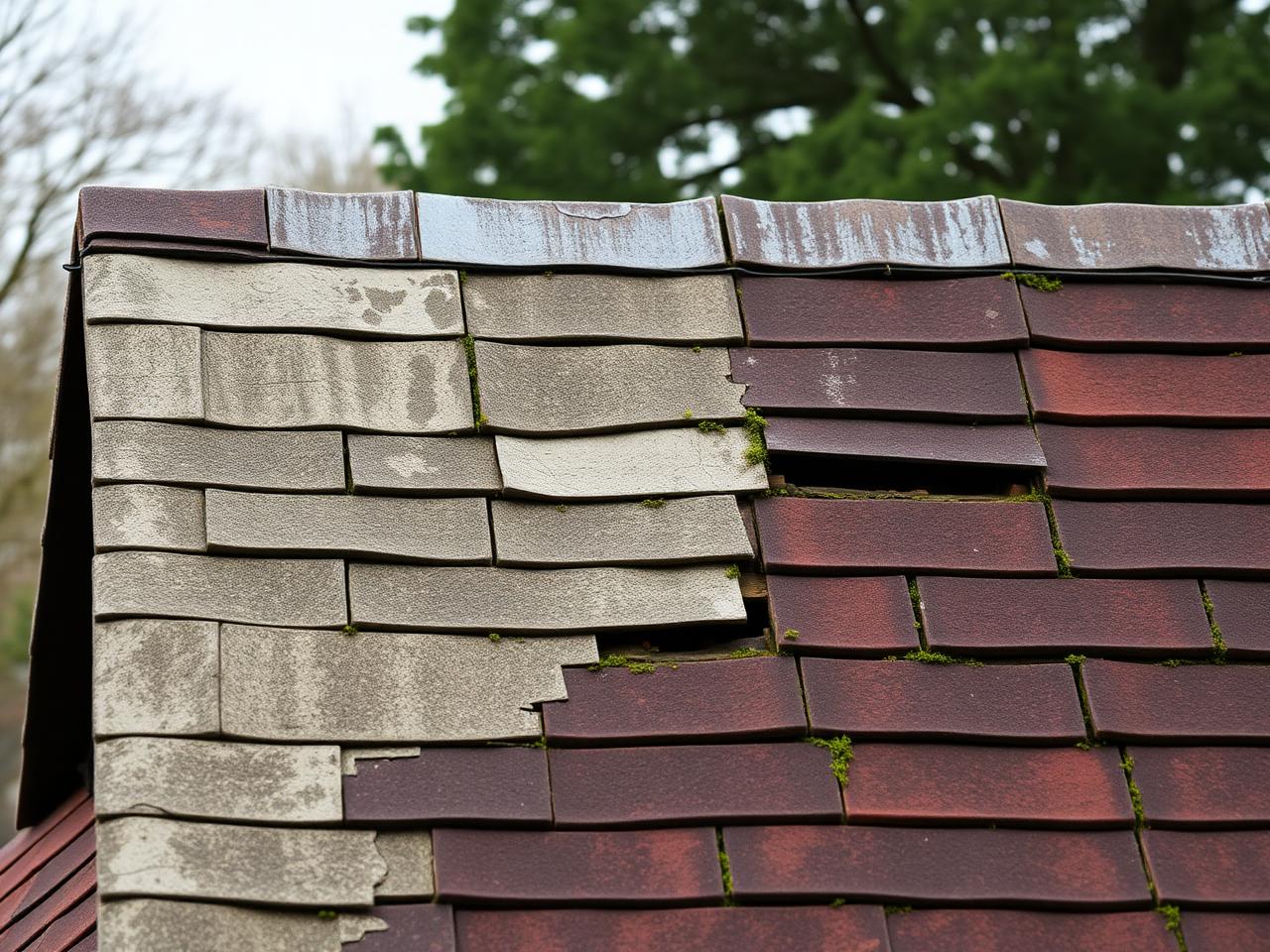 Worn roof with slipped and cracked tiles awaiting repair