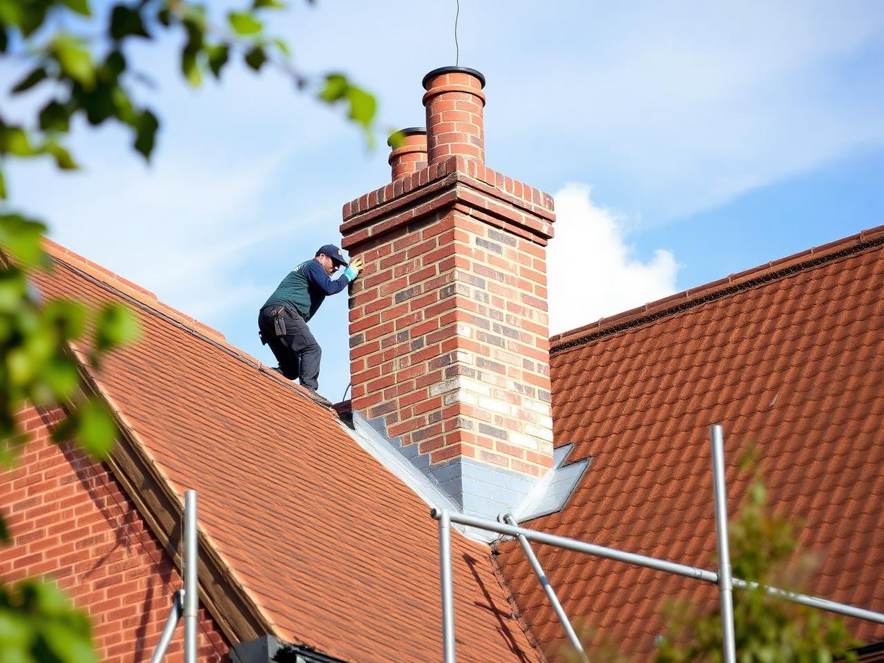 Repointed brick chimney stack with new lead flashing