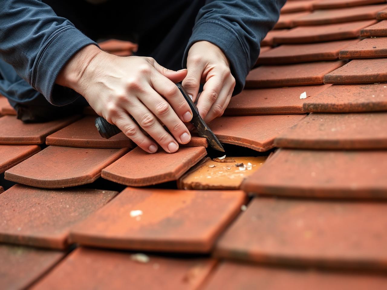Roofer inspecting damaged clay tiles on a British pitched roof