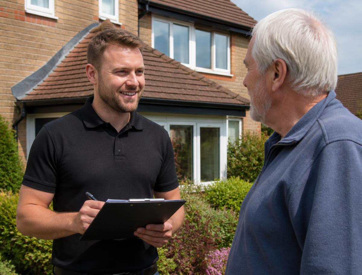Heritage representative with a clipboard discussing roofing work with a homeowner outside their house